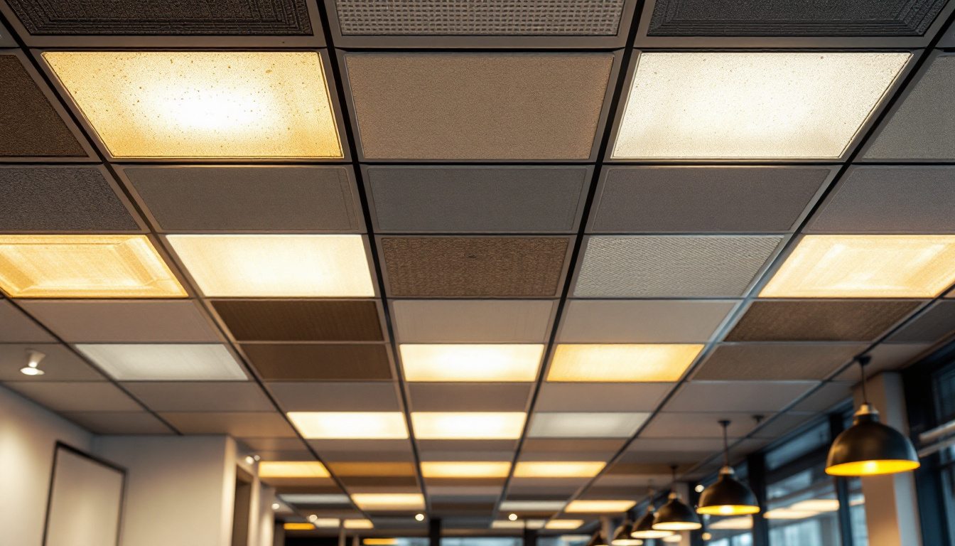 A photograph of a well-lit office or commercial space featuring a variety of ceiling tiles