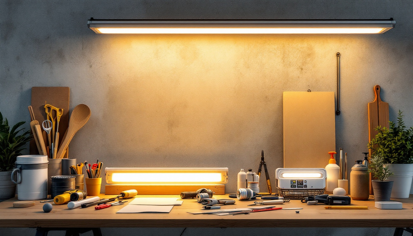 A photograph of a well-lit workspace featuring a variety of fluorescent light replacement led options displayed alongside tools and materials