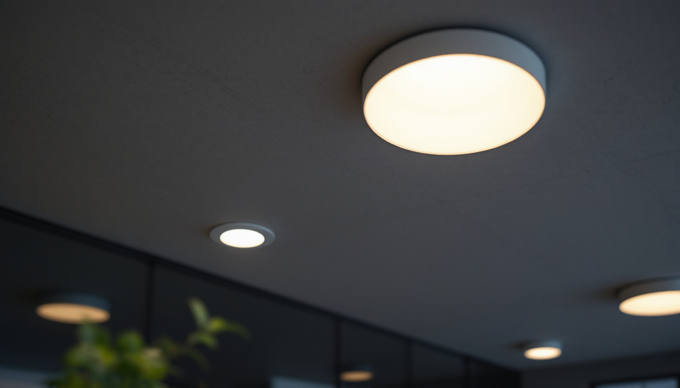 A photograph of a modern drop ceiling installation featuring recessed lighting fixtures