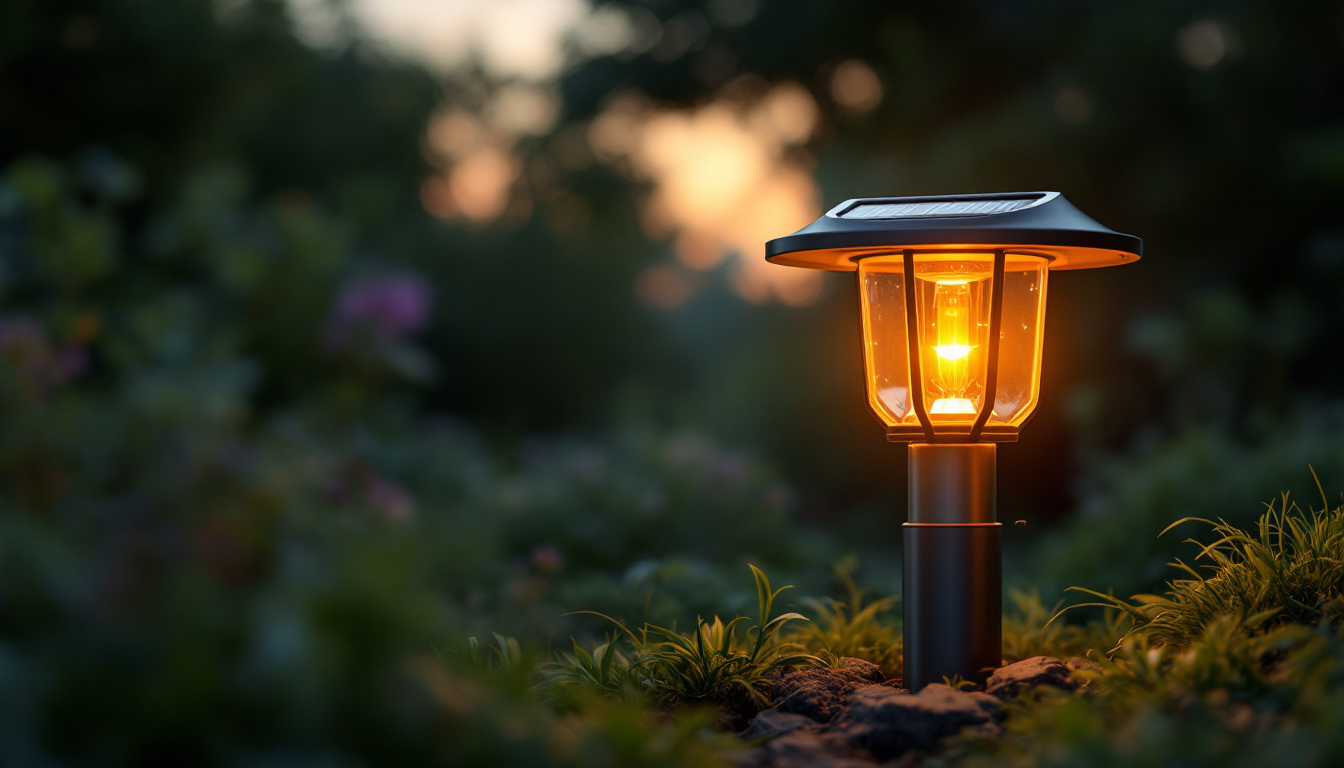 A photograph of a beautifully designed solar lamp in a serene outdoor setting