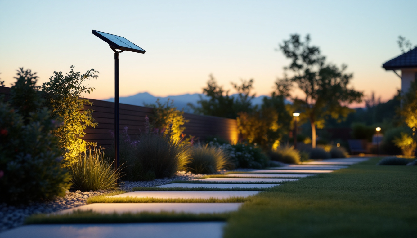 A photograph of a well-lit outdoor space showcasing various solar floodlights in use