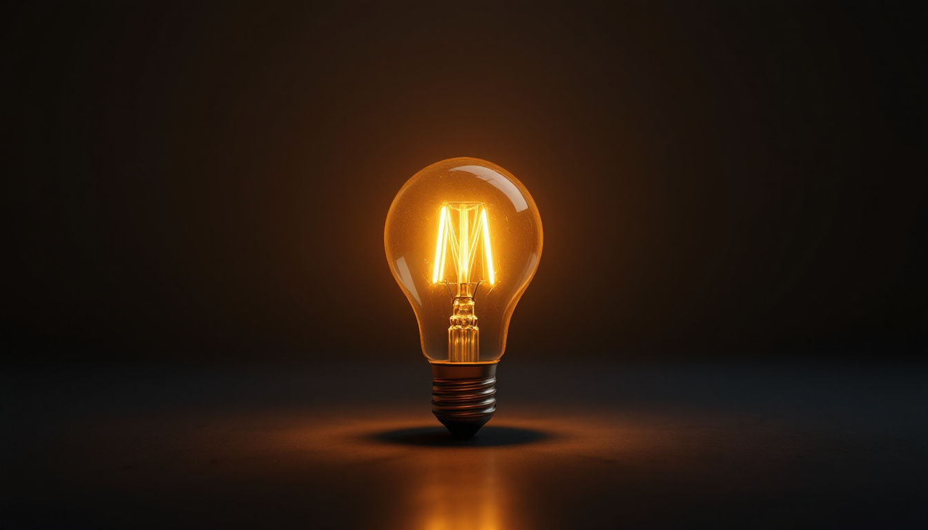 A photograph of a type s light bulb illuminated in a dimly lit setting