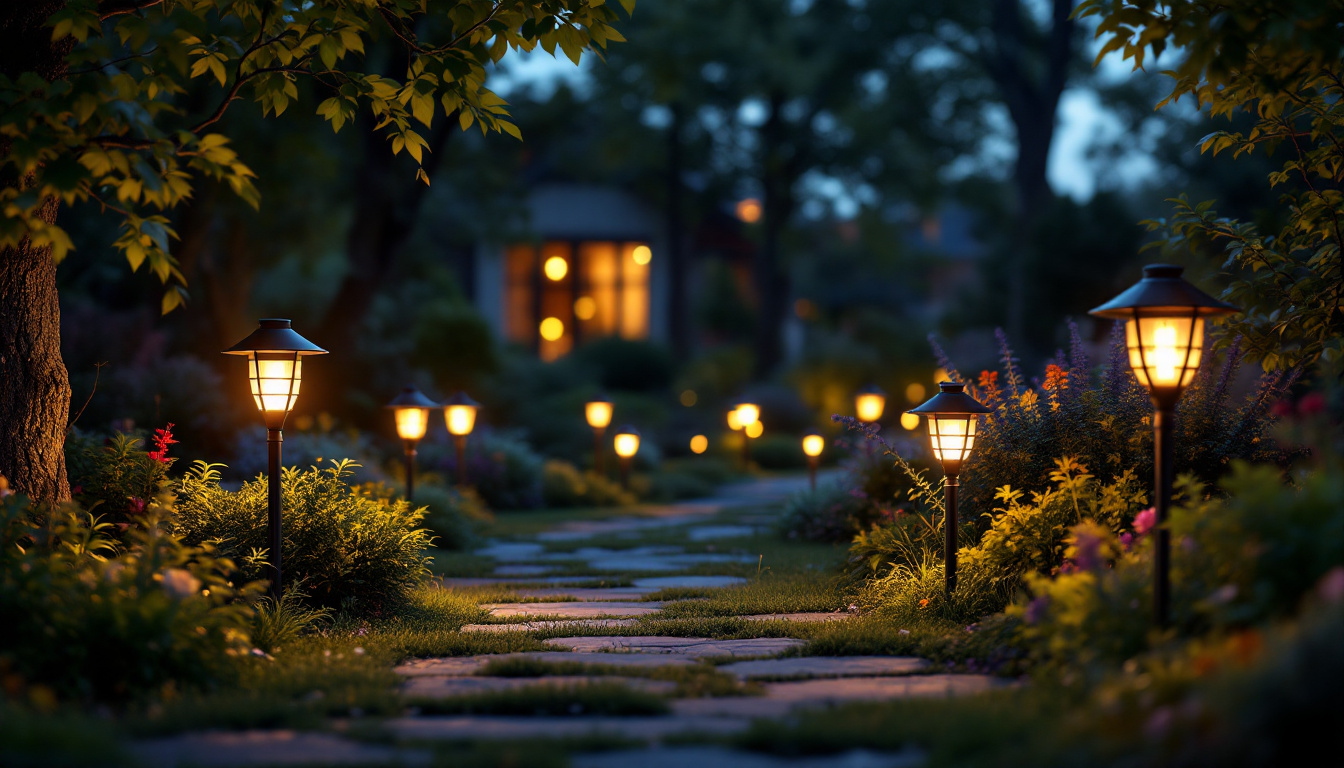 A photograph of a beautifully illuminated garden scene at dusk