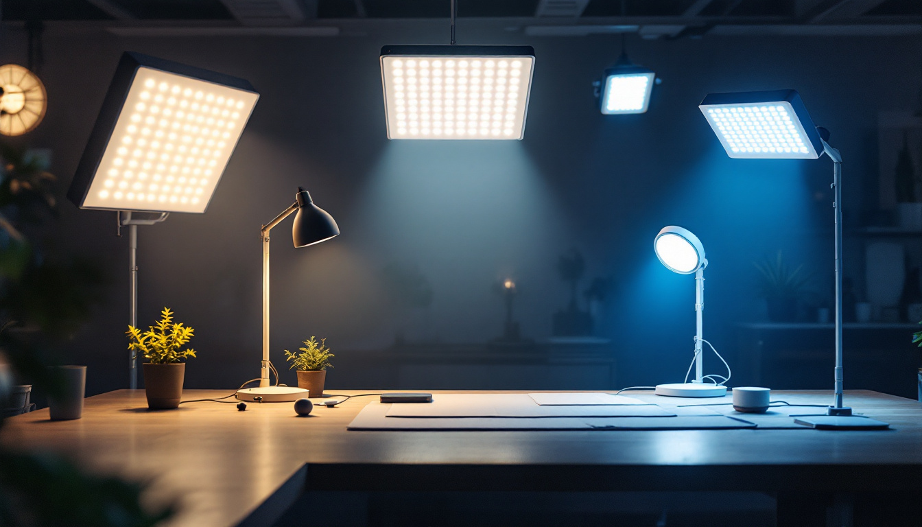 A photograph of a well-lit workspace featuring various led shop lights in use