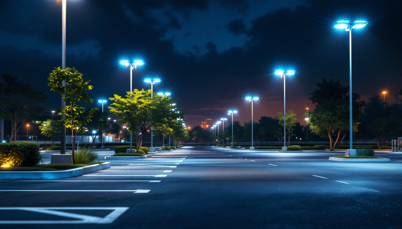 A photograph of a well-lit parking lot showcasing modern light poles illuminating the space