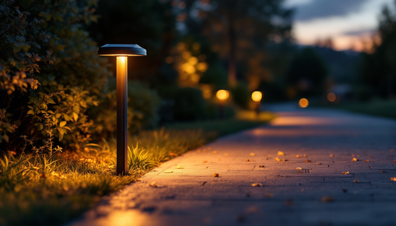 A photograph of a solar light driveway post illuminating a pathway at dusk