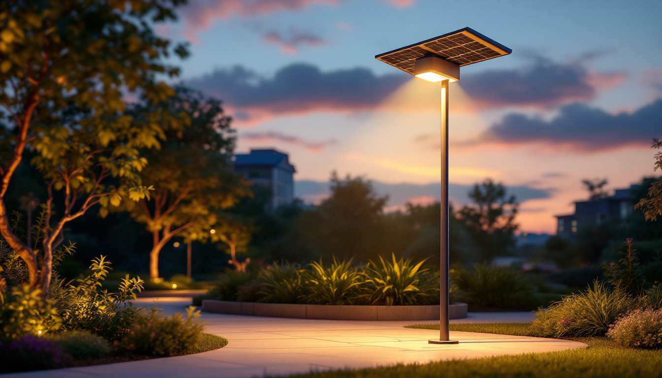 A photograph of a solar pole lamp illuminating a vibrant outdoor space at dusk