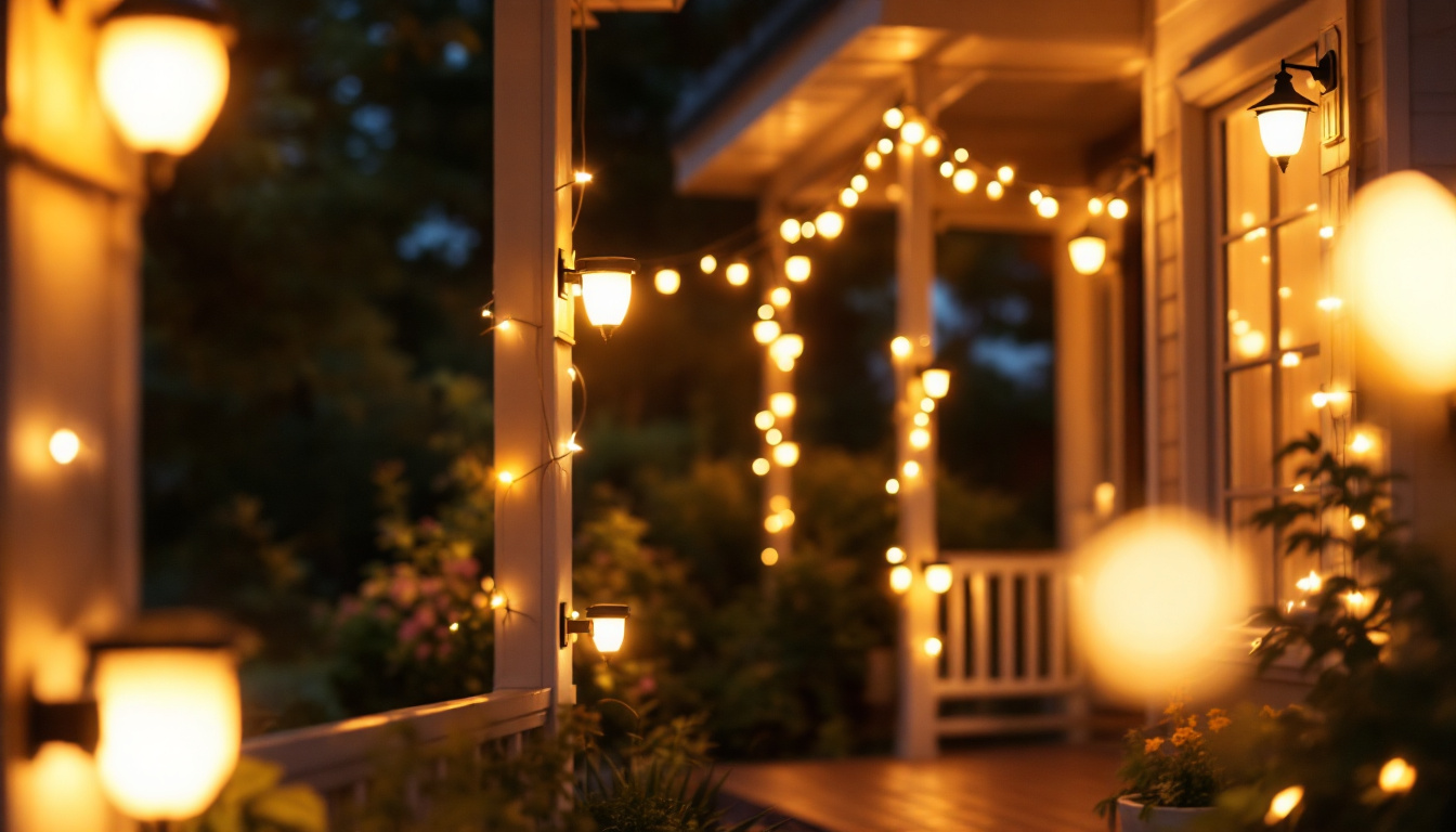 A photograph of a beautifully illuminated porch at dusk