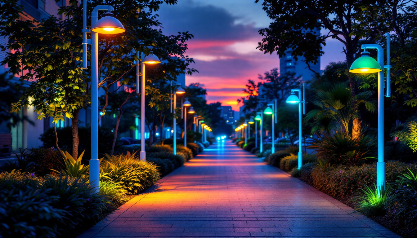 A photograph of capture a photograph of a vibrant commercial outdoor lighting installation at dusk