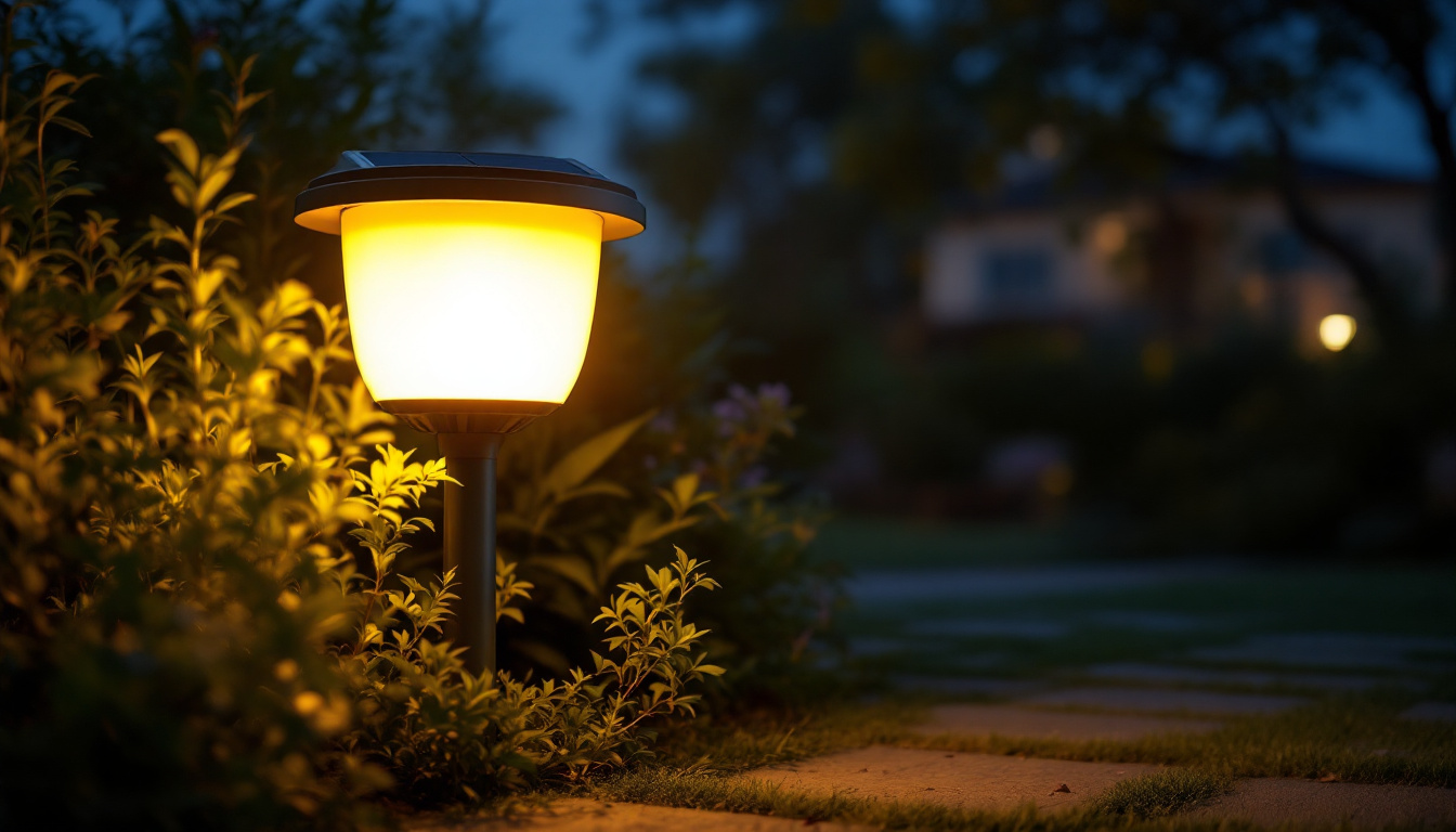A photograph of a large outdoor solar light illuminating a garden or patio at dusk