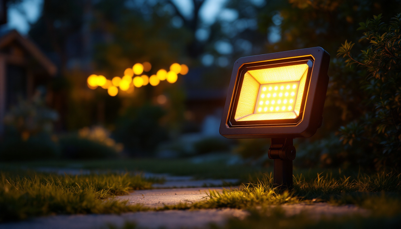 A photograph of a solar led flood light illuminating a backyard or outdoor space at dusk