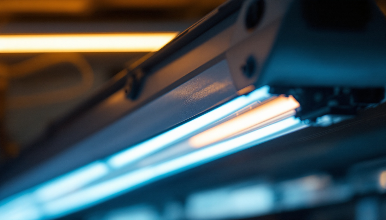 A photograph of a close-up shot of a fluorescent light fixture with the ballast exposed