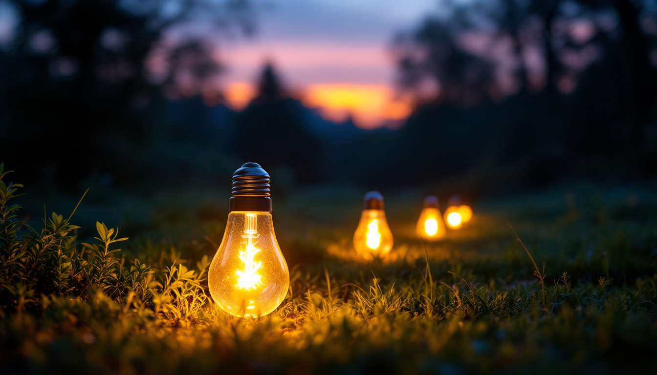 A photograph of a serene outdoor setting illuminated by solar bulb lights at dusk