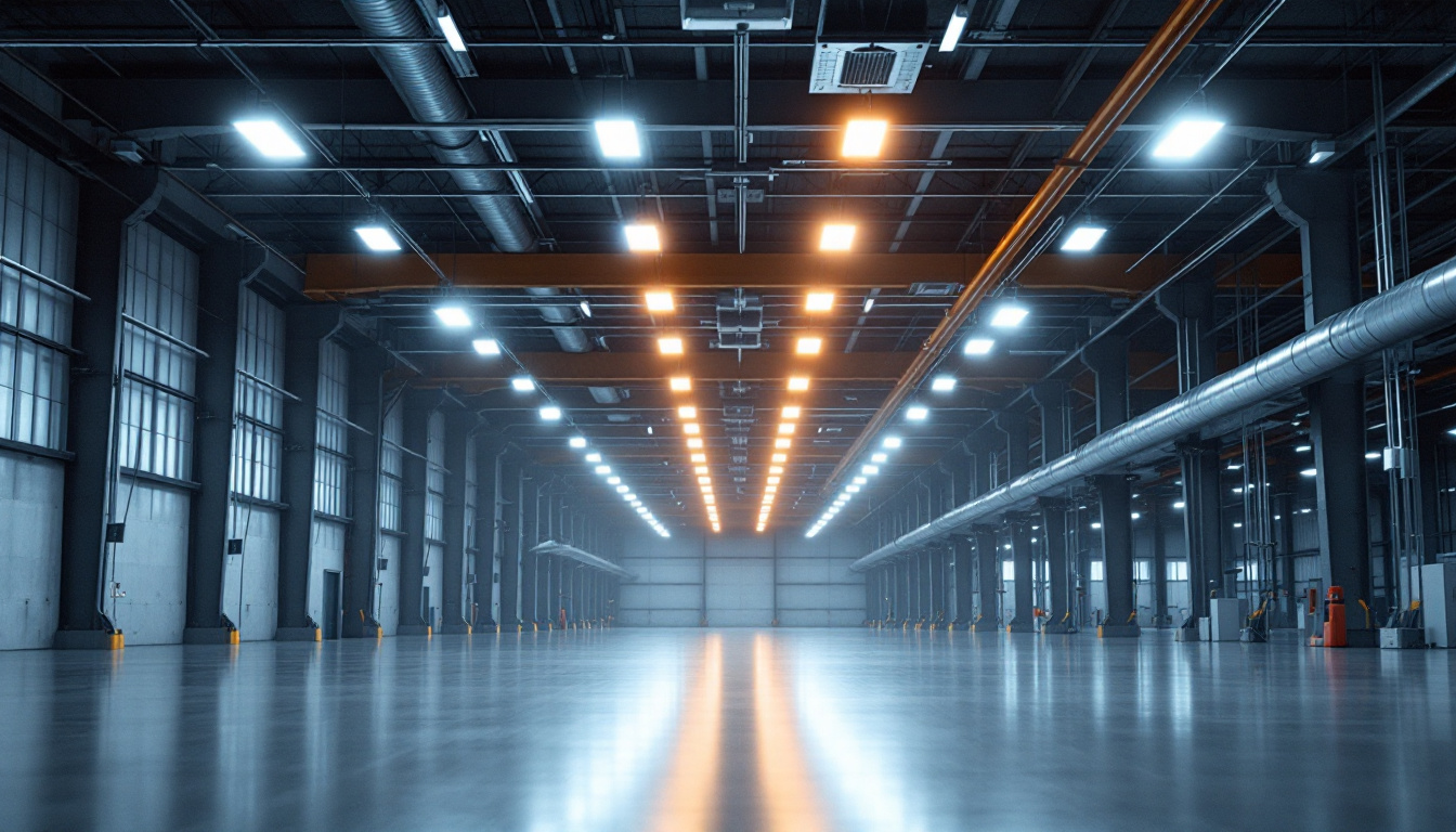 A photograph of a well-lit industrial or commercial space featuring high bay led lights in action