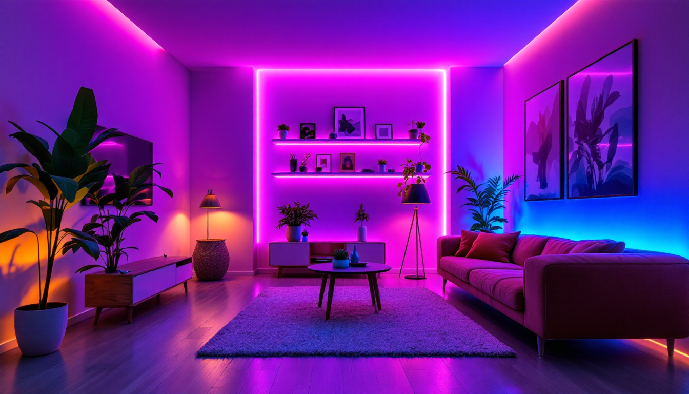 A photograph of a beautifully transformed room showcasing vibrant led strip lights accentuating architectural features