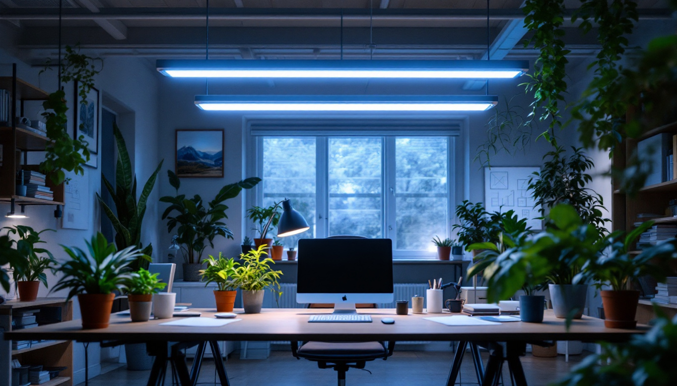 A photograph of a well-lit workspace featuring an 8-foot fluorescent light fixture installed