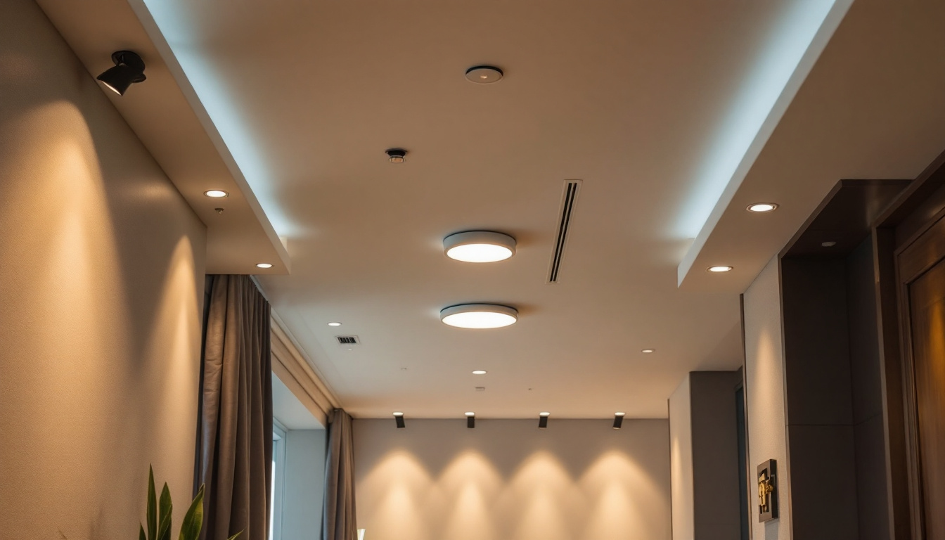 A photograph of a well-designed interior space showcasing various styles of recessed fixtures in use