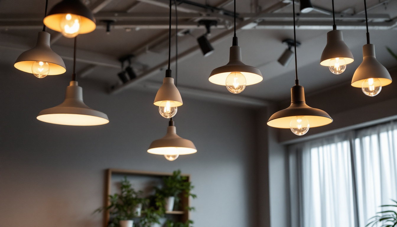 A photograph of a modern interior space featuring stylish suspended ceiling lamps