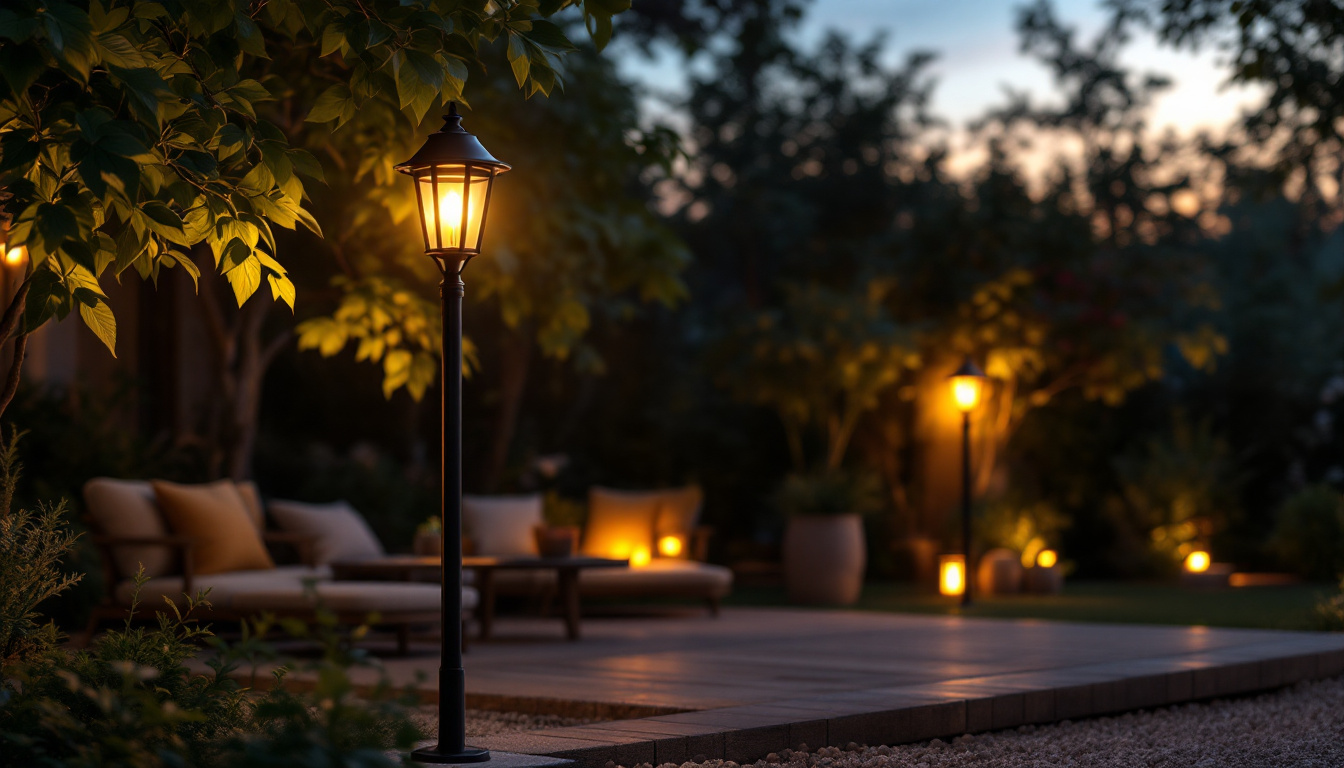A photograph of a beautifully designed backyard light pole illuminating a cozy outdoor space