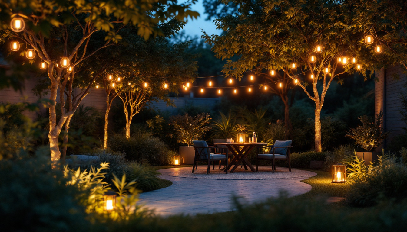 A photograph of a beautifully illuminated outdoor space showcasing a variety of stylish light fixtures in a natural setting