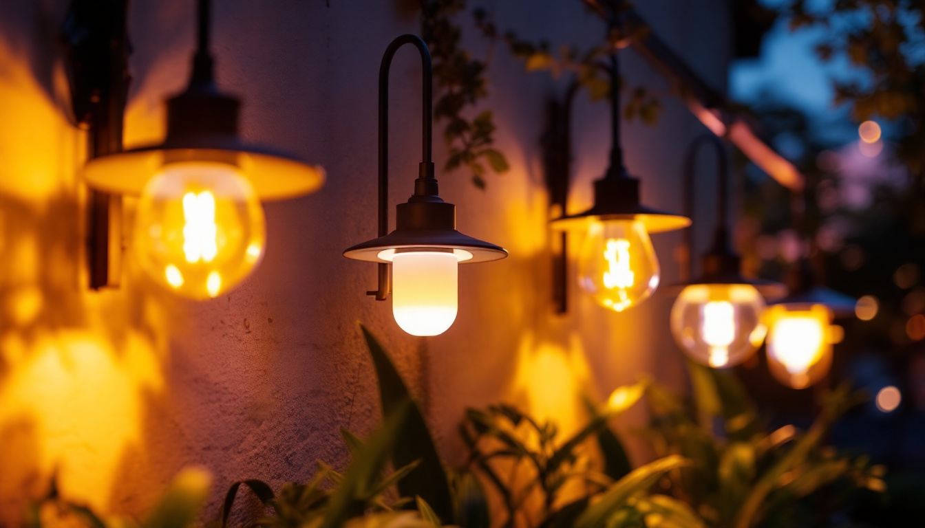 A photograph of a beautifully illuminated outdoor space featuring a variety of stylish light fixtures