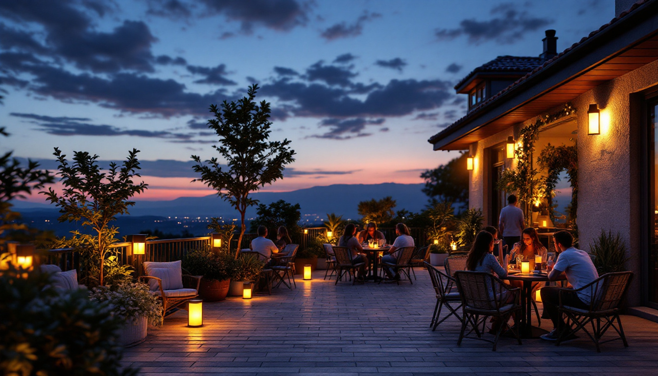 A photograph of a beautifully illuminated outdoor patio featuring various styles of solar-powered lights