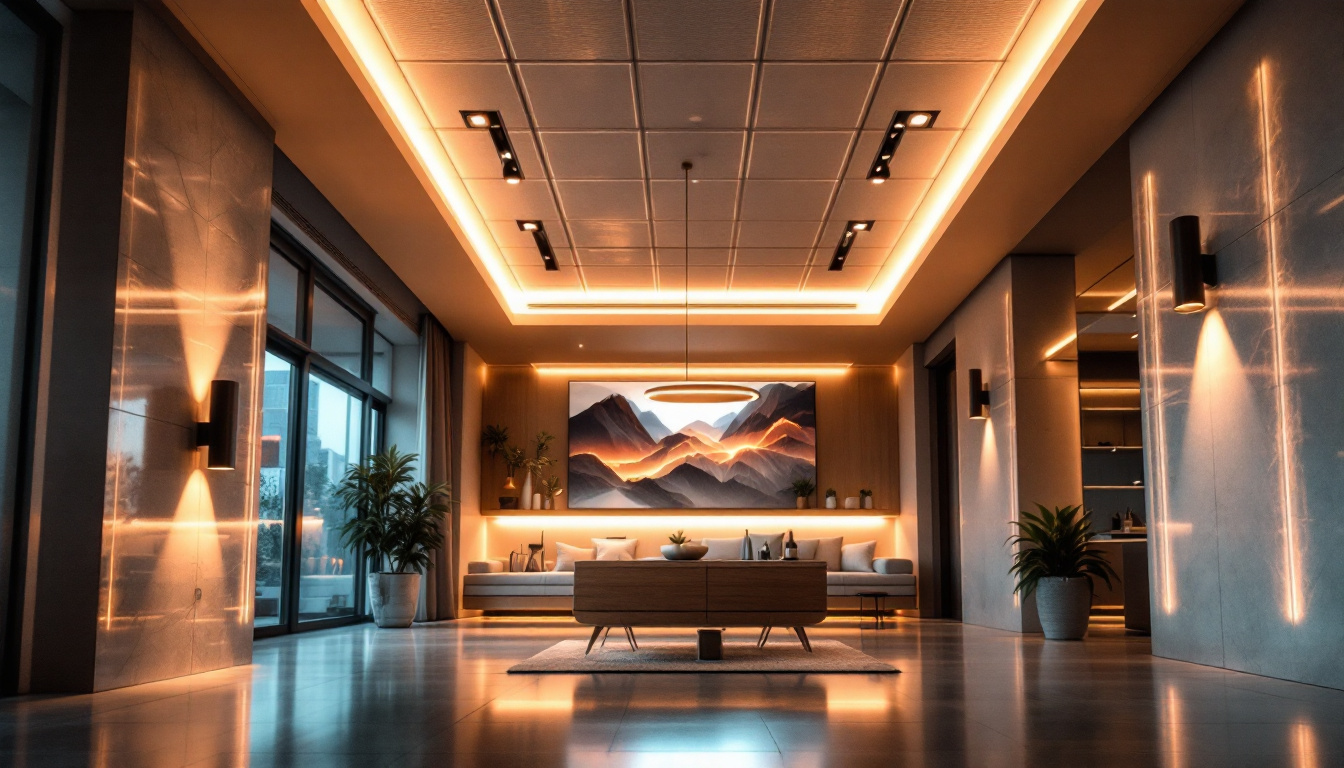 A photograph of a beautifully designed room featuring a drop tile ceiling with integrated lighting