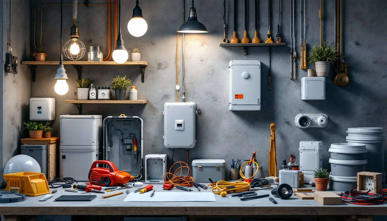 A photograph of a well-organized workspace featuring a variety of electrical boxes alongside light fixtures
