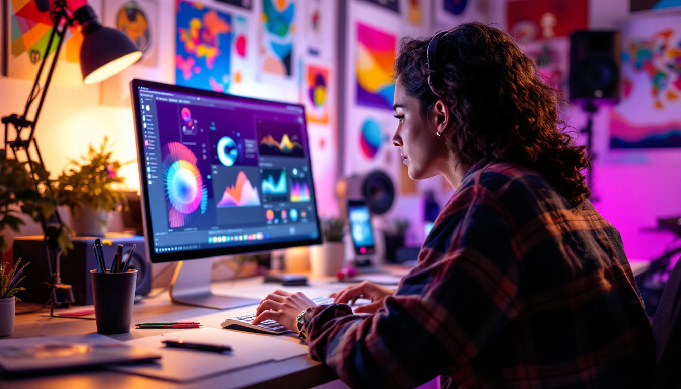 A photograph of capture a photograph of a vibrant workspace featuring a photographer using hi-lite software on their computer