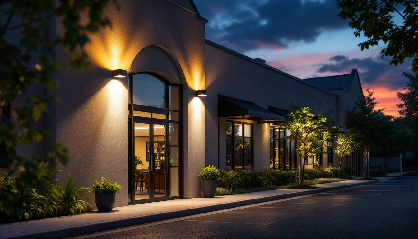 A photograph of a well-lit commercial exterior showcasing a variety of led lighting fixtures in use