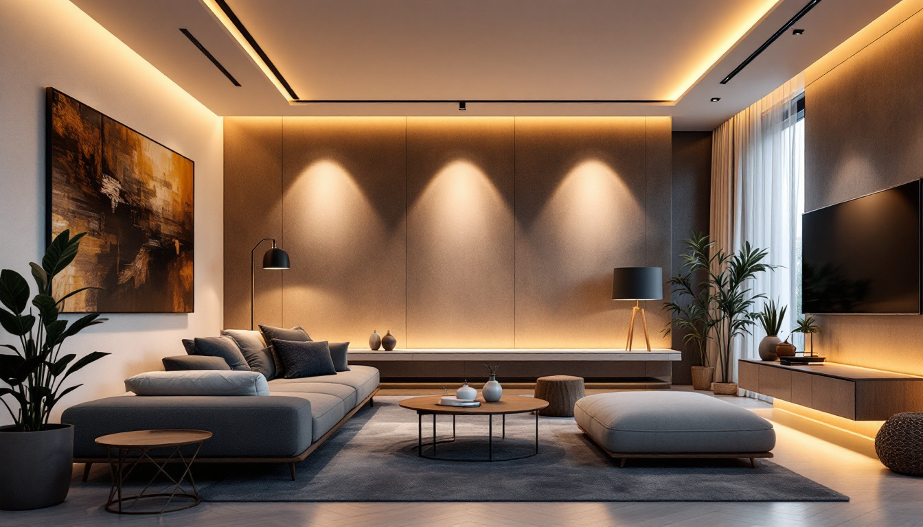 A photograph of a modern living space featuring sleek ceiling can lighting