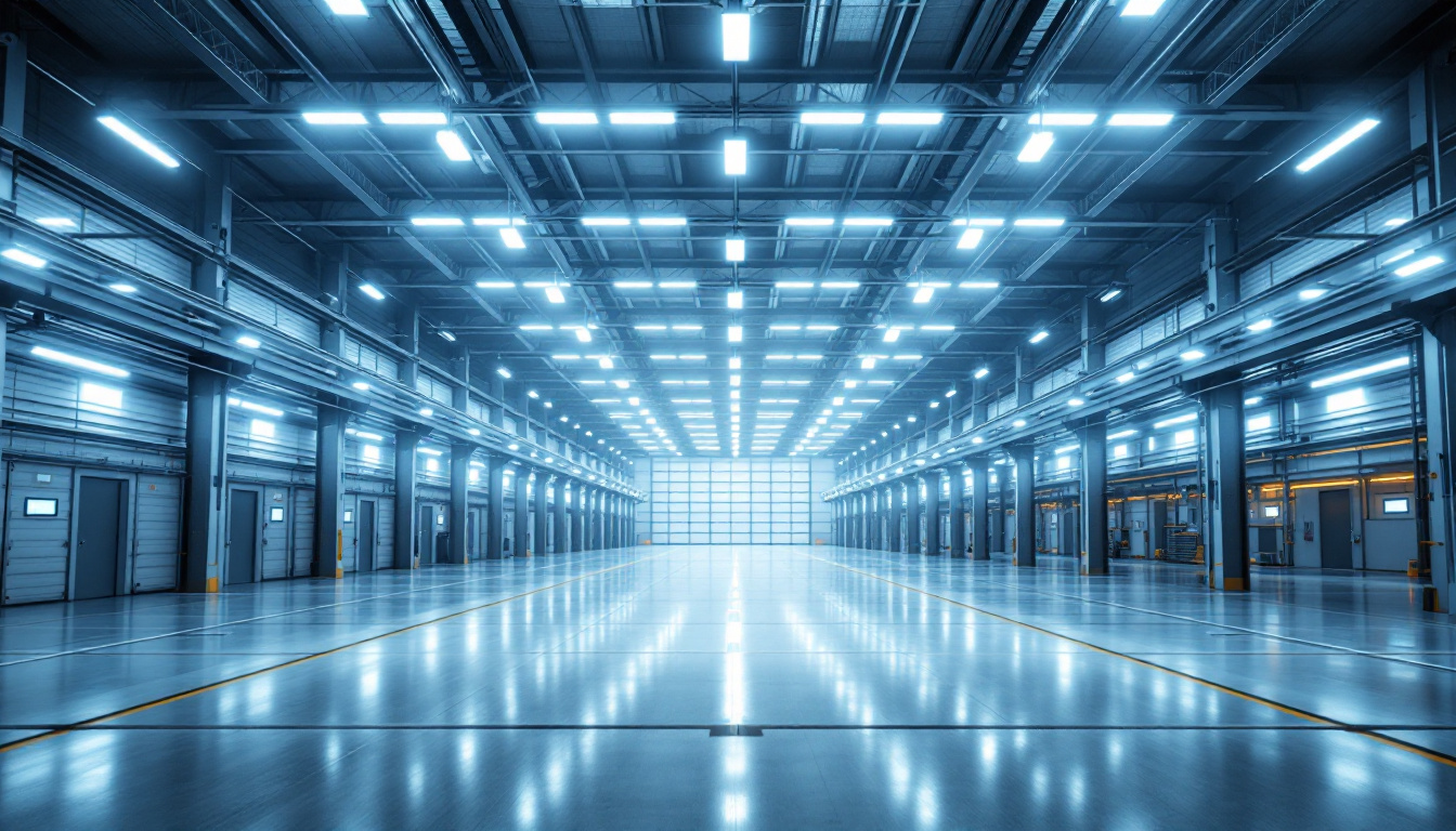 A photograph of a spacious industrial setting showcasing low bay led lighting in action