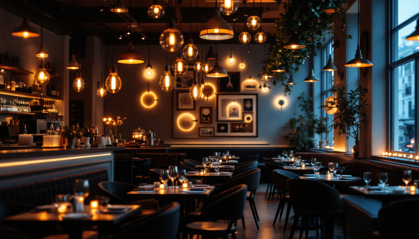 A photograph of a beautifully lit restaurant interior that showcases a variety of lighting fixtures and their effects on the ambiance