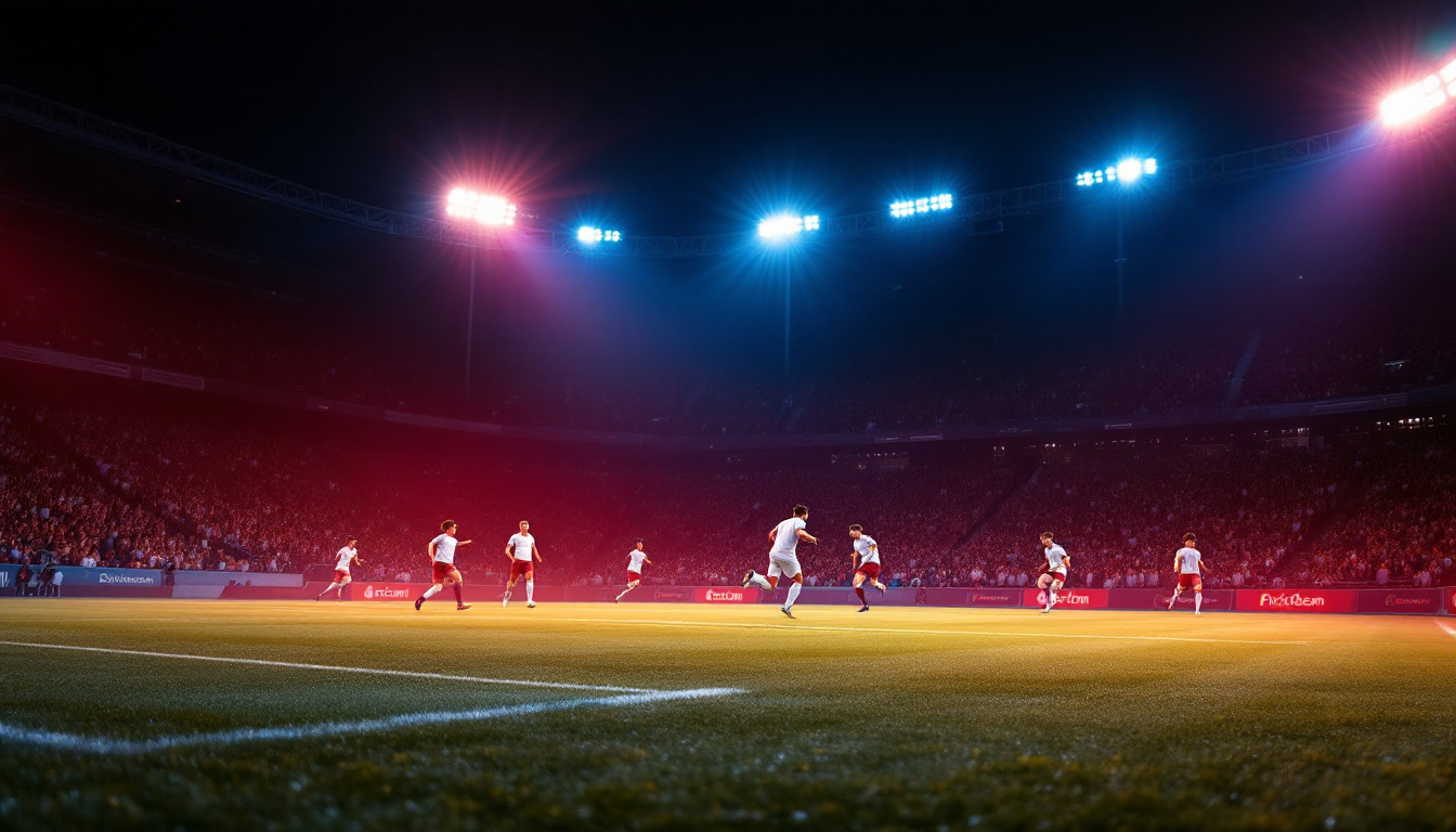 A photograph of a sports field illuminated by the vibrant glow of led lights