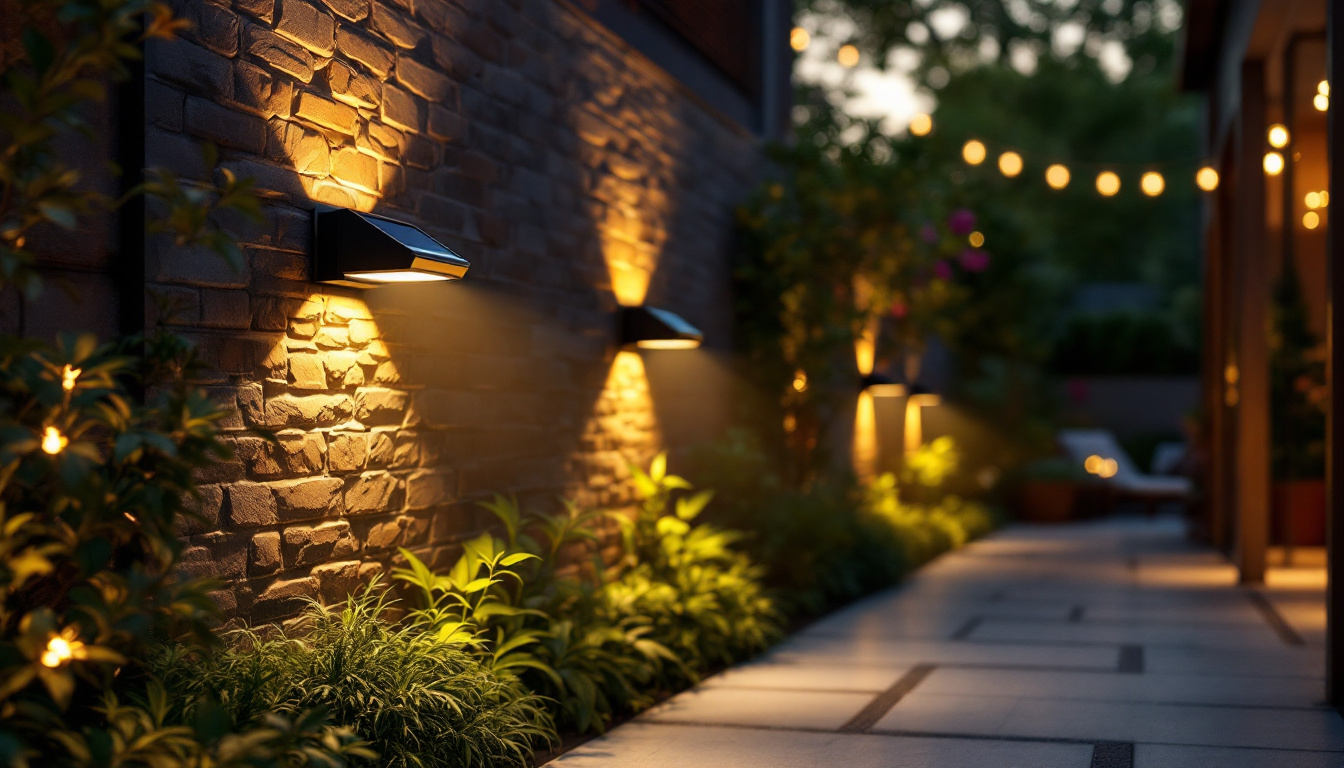 A photograph of a beautifully illuminated outdoor space featuring solar wall lights