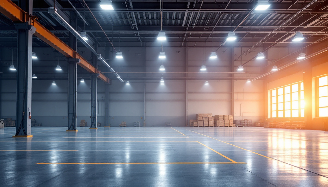 A photograph of a modern warehouse interior showcasing energy-efficient lighting solutions