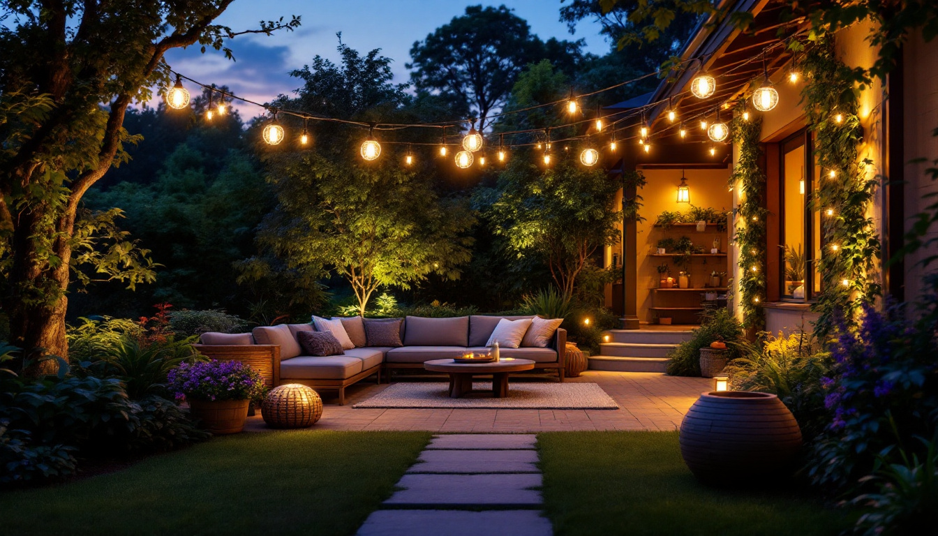 A photograph of a beautifully illuminated outdoor space featuring solar-powered lights in action