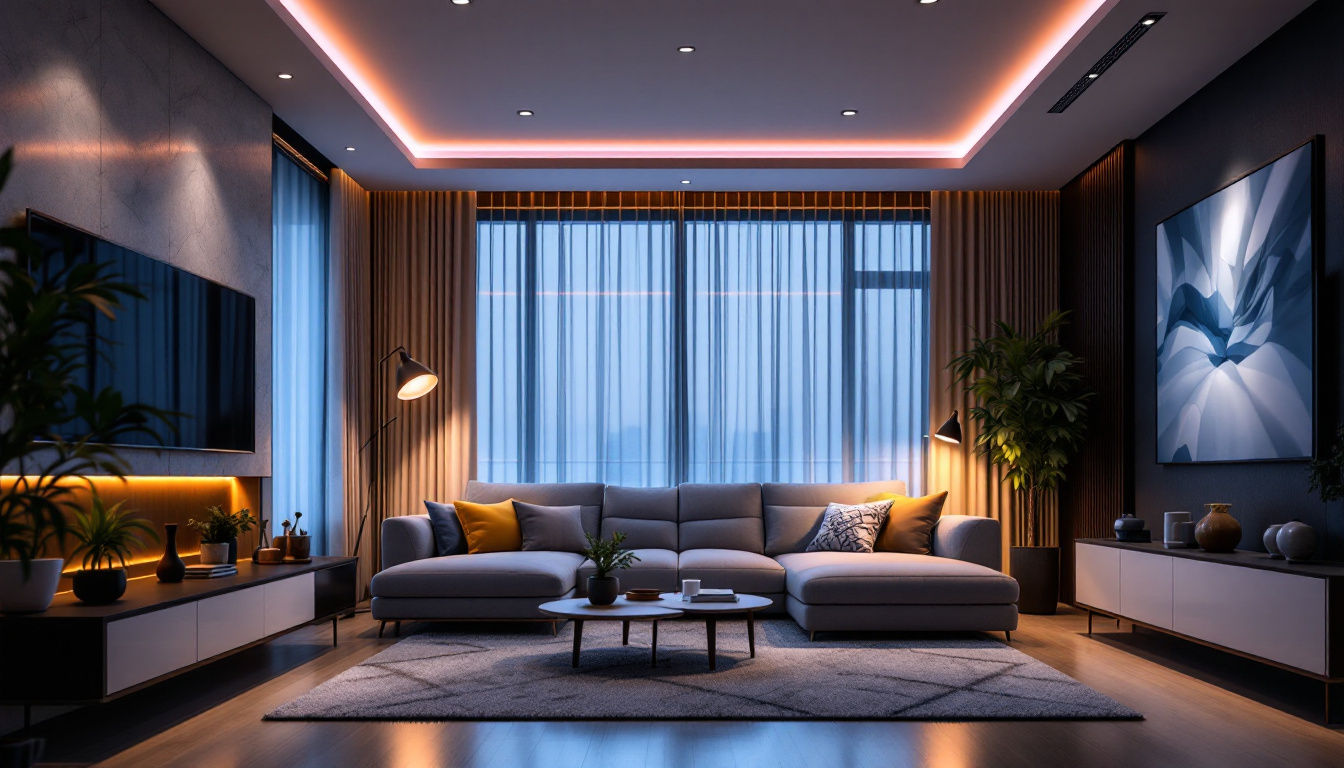 A photograph of a modern living space featuring recessed led ceiling light fixtures in action