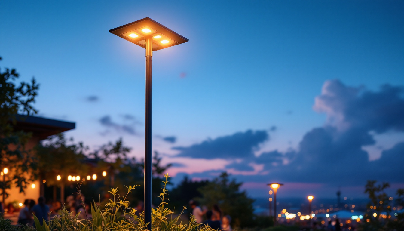 A photograph of a solar pole light illuminating a vibrant outdoor space at dusk