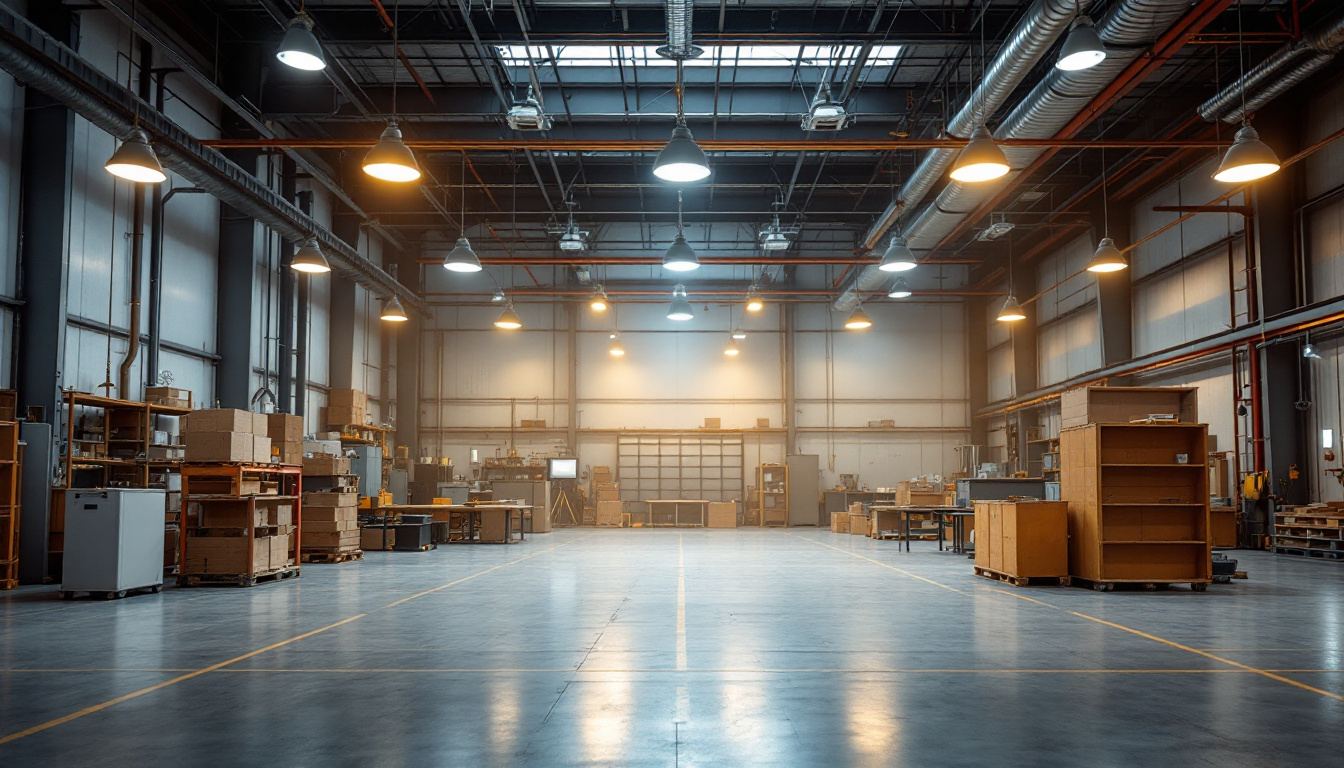 A photograph of a well-lit industrial space showcasing led high bay shop lights in action