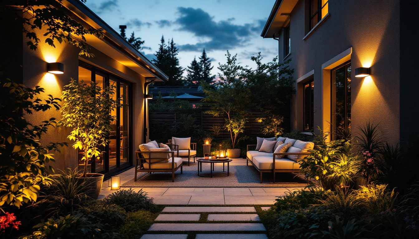 A photograph of a beautifully designed outdoor space illuminated by stylish wallpack lighting