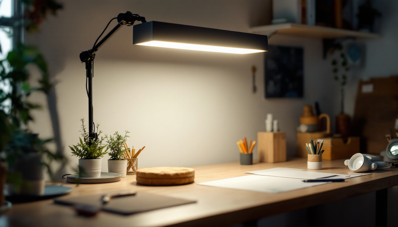 A photograph of a well-lit workspace featuring a 4-foot led shop light in action