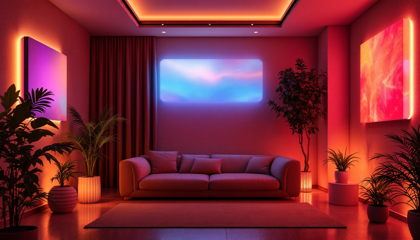 A photograph of a beautifully lit room showcasing four distinct led light installations