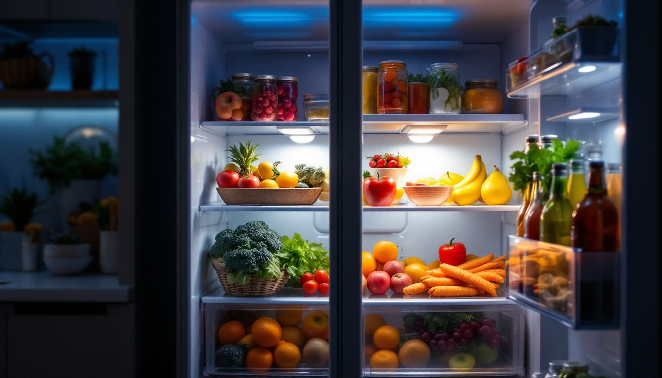 A photograph of a well-lit refrigerator interior showcasing various led fridge lights in action