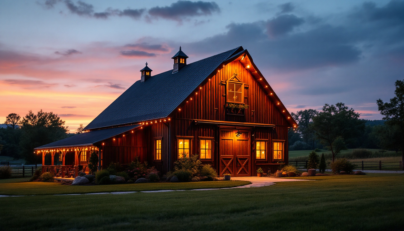A photograph of a beautifully illuminated barn at dusk
