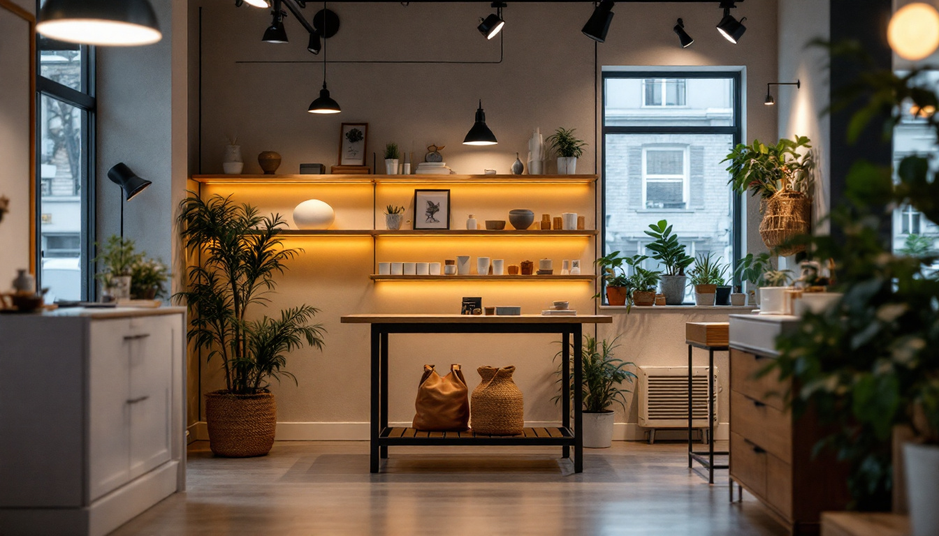A photograph of a well-lit retail space showcasing a variety of shop lighting options