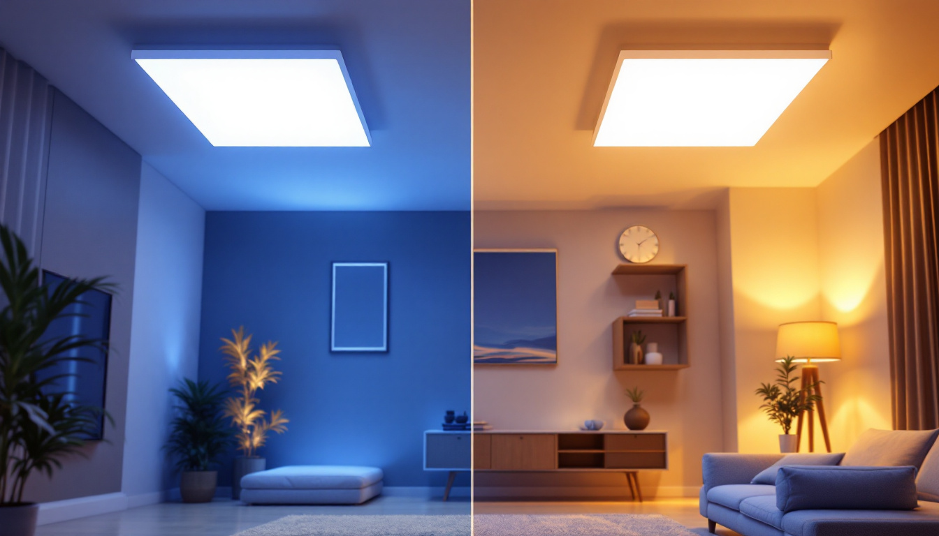 A photograph of a well-lit indoor space showcasing a 2x4 panel led light installed in the ceiling