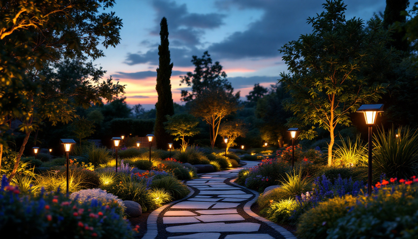 A photograph of a beautifully landscaped garden at dusk