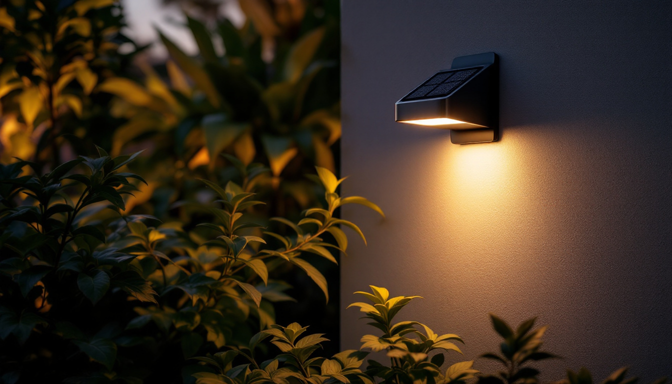 A photograph of a beautifully designed solar wall lamp illuminating a cozy outdoor setting at dusk