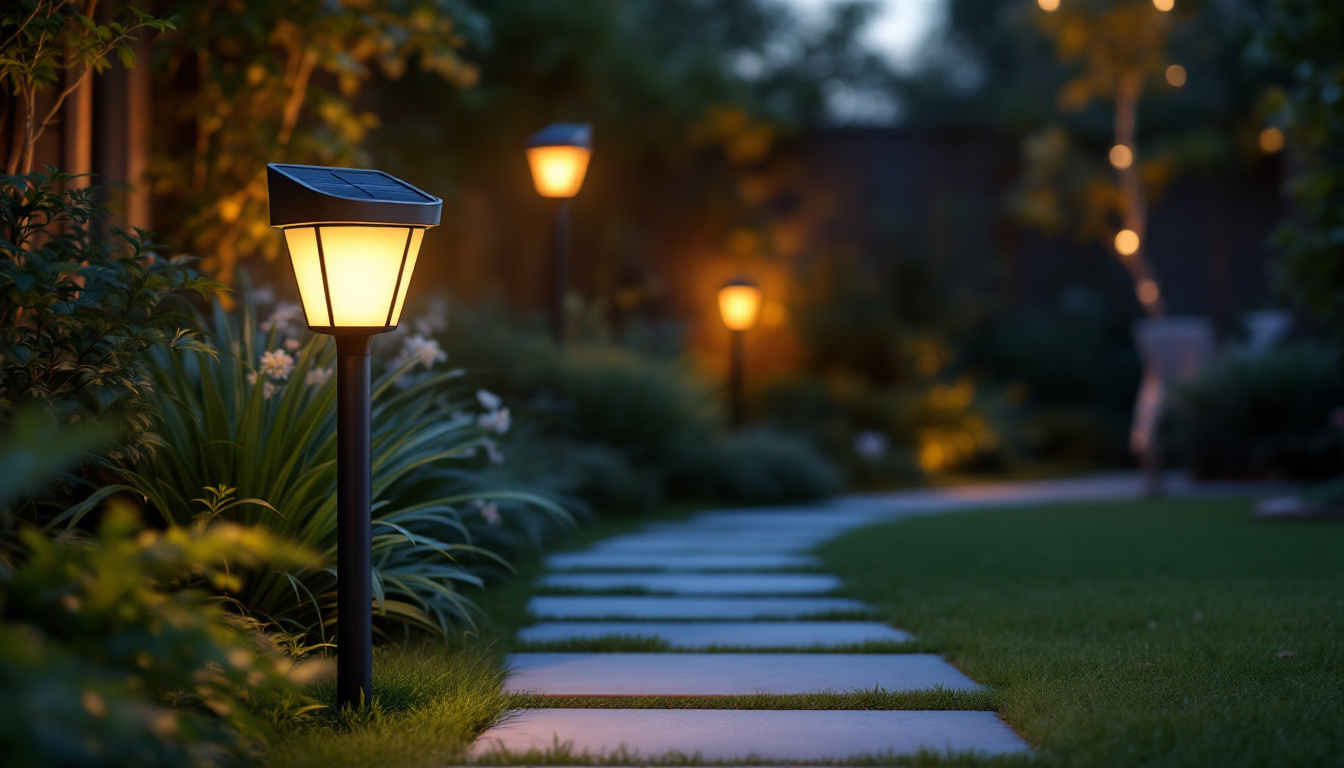 A photograph of a beautifully designed solar security lamp illuminating a garden pathway at dusk